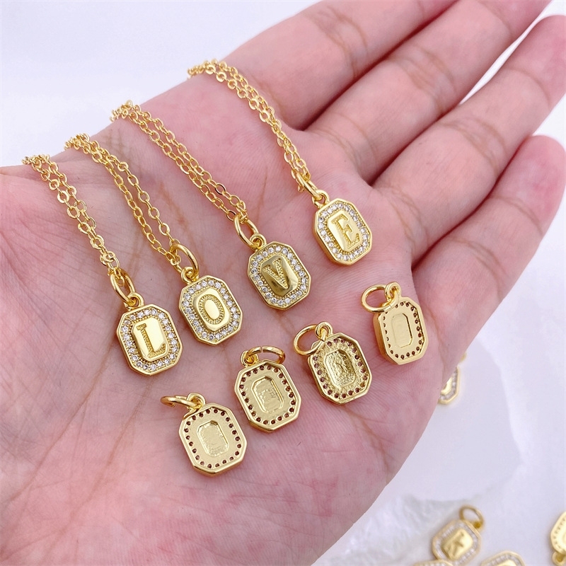 Hot Selling Trendy 18K Gold Plated CZ Square Shaped Letters Initial Alphabet Charms Pendants for Jewelry DIY