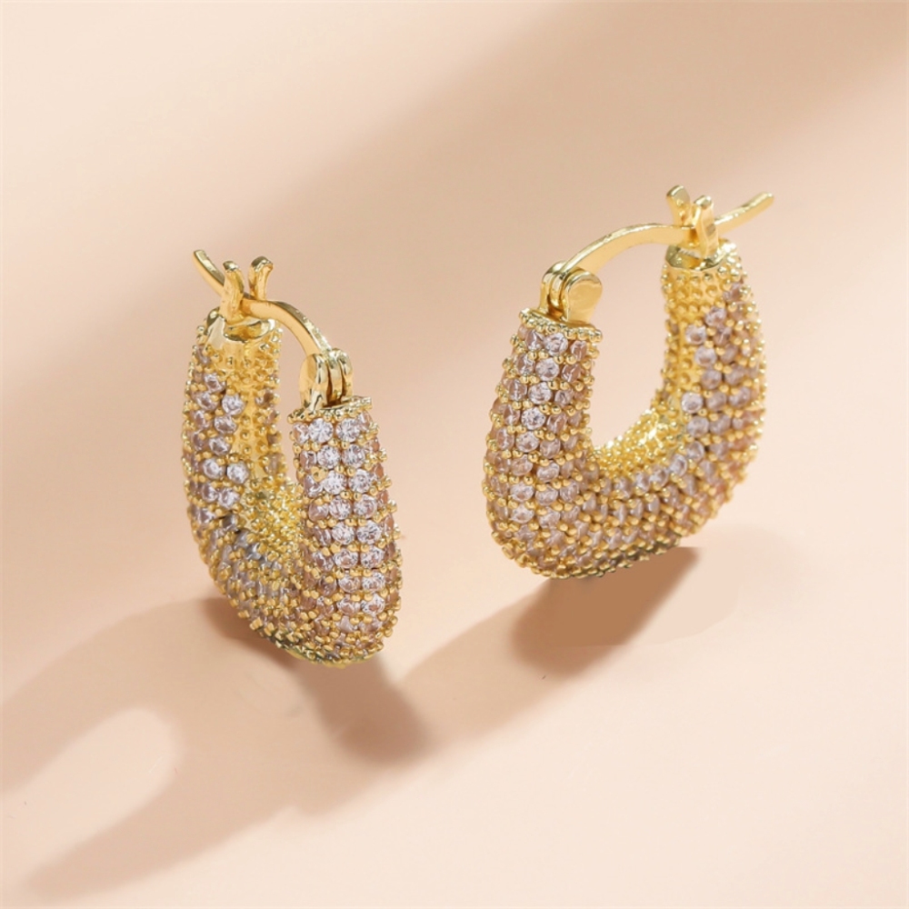Wholesale Fashion Gold Plated U Shaped CZ Hoop Earrings Chunky Brass Trendy Zircon Earrings for Women's Party