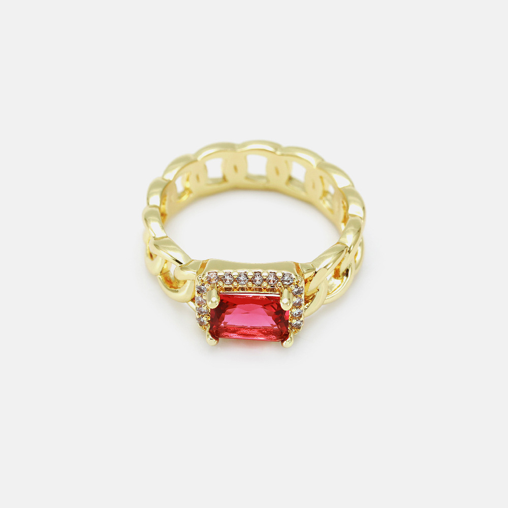 Fashion Jewelry Brass with 18K Gold Plated Link Chain Colorful Rectangle Shaped Zircon Rings for Women
