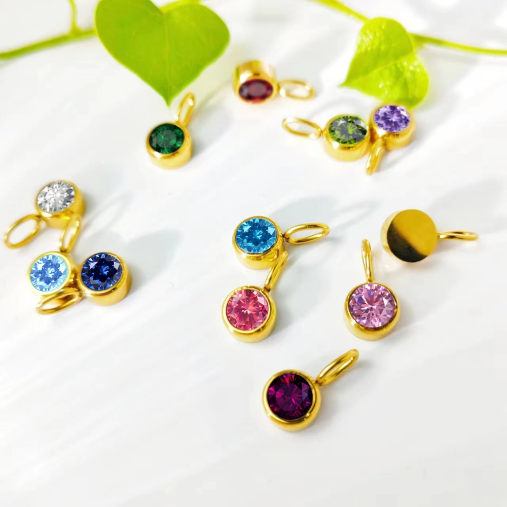 VIAPRO Jewelry Fashion Birth Stone DIY Pendant Stainless Steel Colorful 12 Months Birthstone Pendants for Jewelry Making