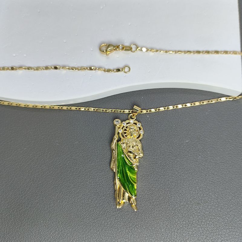 European and American Fashion Religious Jewelry Green CZ Punk Father St. Jude Pendant Necklace for Men Women