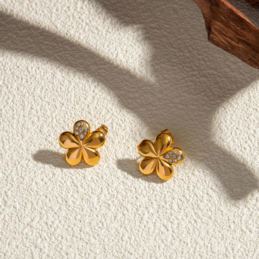 New Trendy Water Resistant Boho Cubic Zirconia Earrings Stainless Steel Gold Plated Three-Dimensional Flower Earring for Women