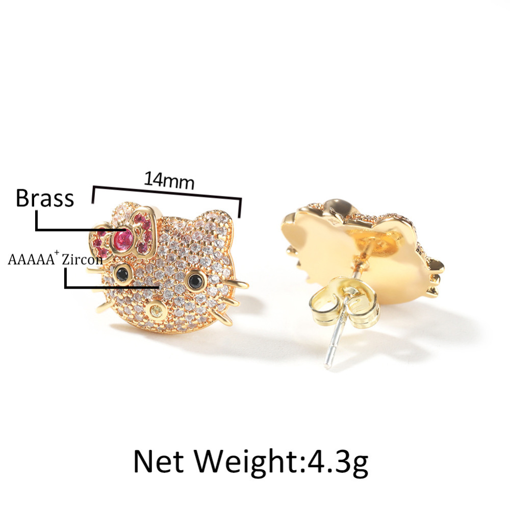 New Gold Plated Iced Out Cat Earring Cute Cartoon Animal Jewelry Sweet CZ Little Kitty Stud Earrings for Girls