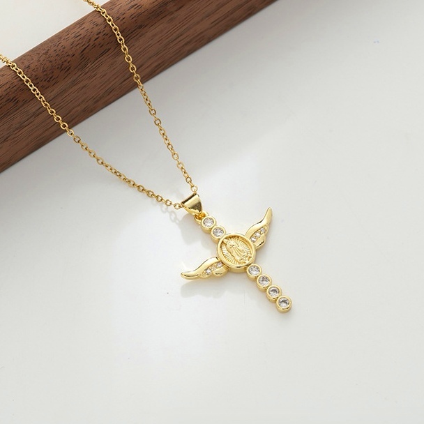 Fashion Jewelry Wholesale Brass with 18K Gold Plated Cubic Zirconia Cross Pendant Necklace Hip Hop Jewelry Virgin Mary Necklace