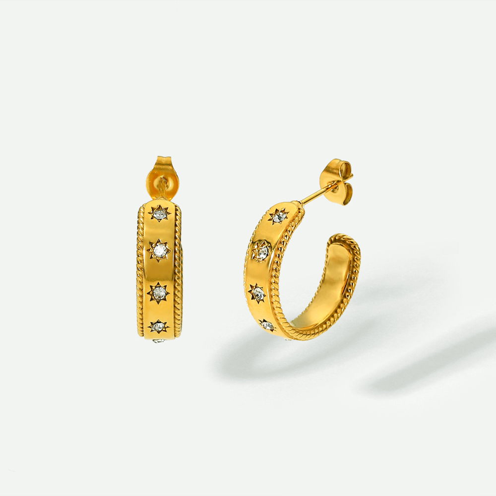 Fashion Jewelry 18K Gold Plated Stainless Steel Hoop Earrings C-shaped Star Zircon Earrings for Women