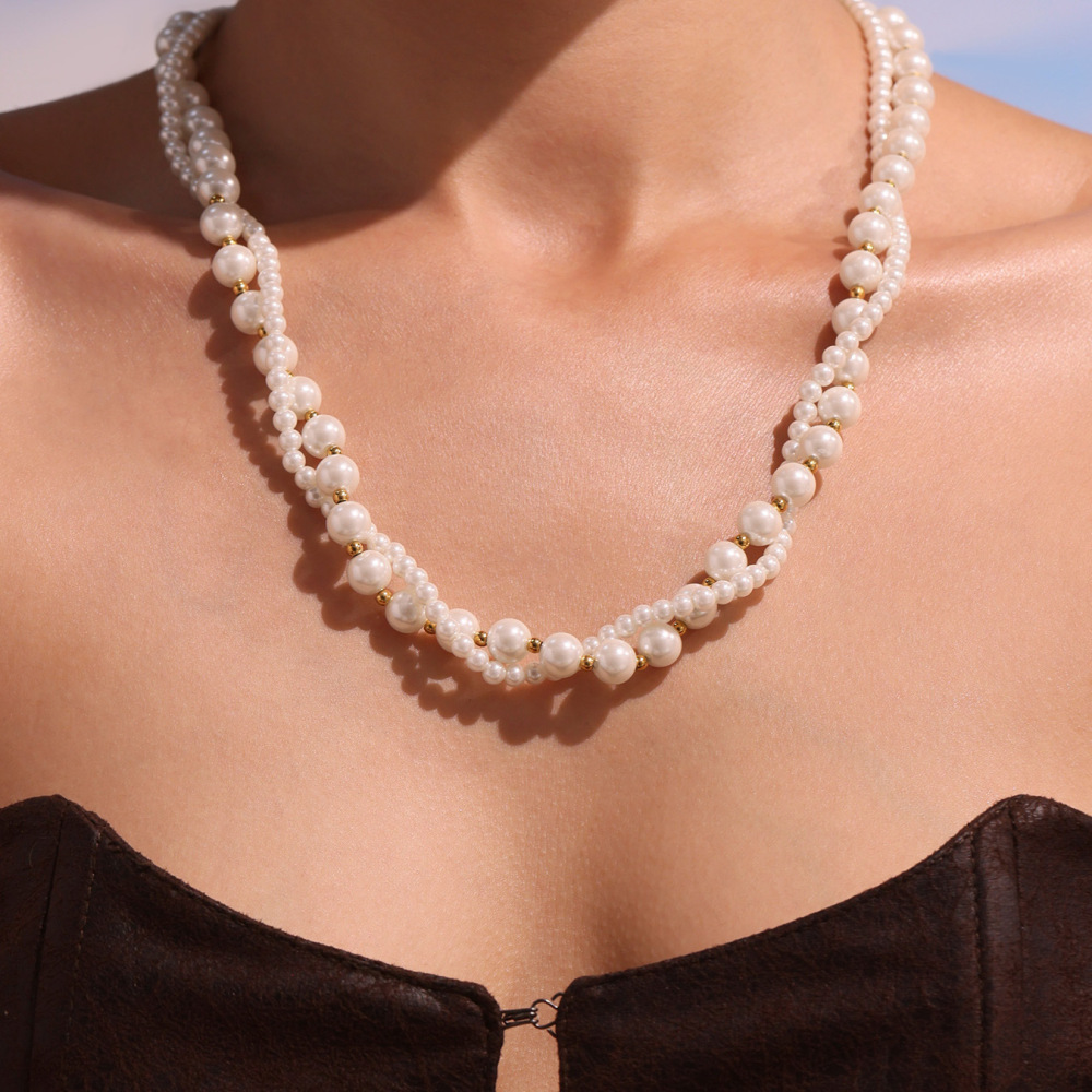 New Fashion Jewelry 18k Gold Plated Shell Pearl Necklace Stainless Steel Heart Clasp Double Layers Beaded Necklaces for Women