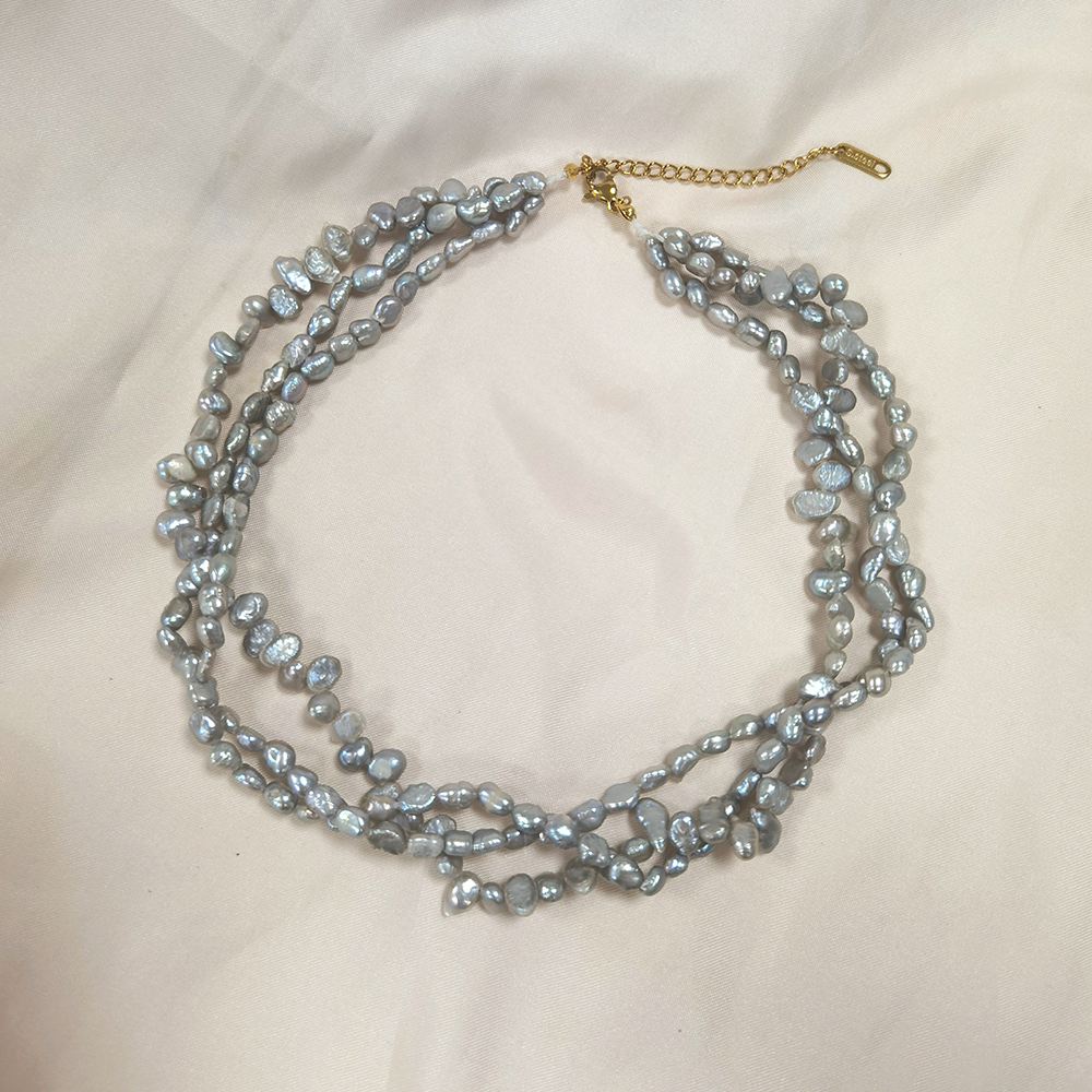 Fashion Vintage Twisted Three Layers Irregular Baroque Natural Freshwater Pearl Beaded Choker Necklace Customized Jewelry