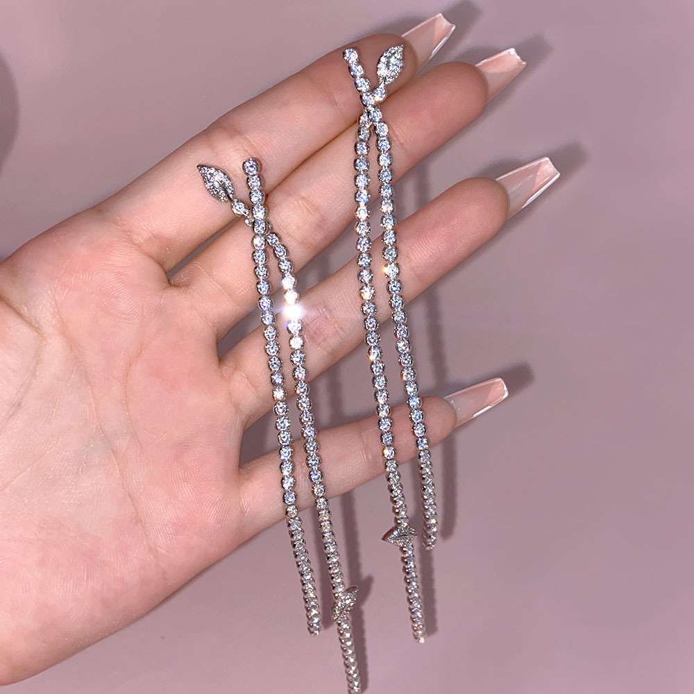 Fashion Jewelry Wholesale Women Silver Tennis Long Chain Earrings Cubic Zircon Long Tassel Earrings for Party