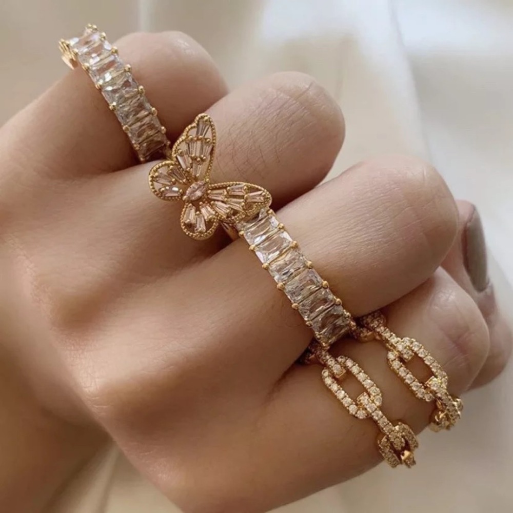 Trendy 18K Gold Plated Tarnish Free & Waterproof Stainless Steel Baguette Rectangle CZ Engagement Rings
