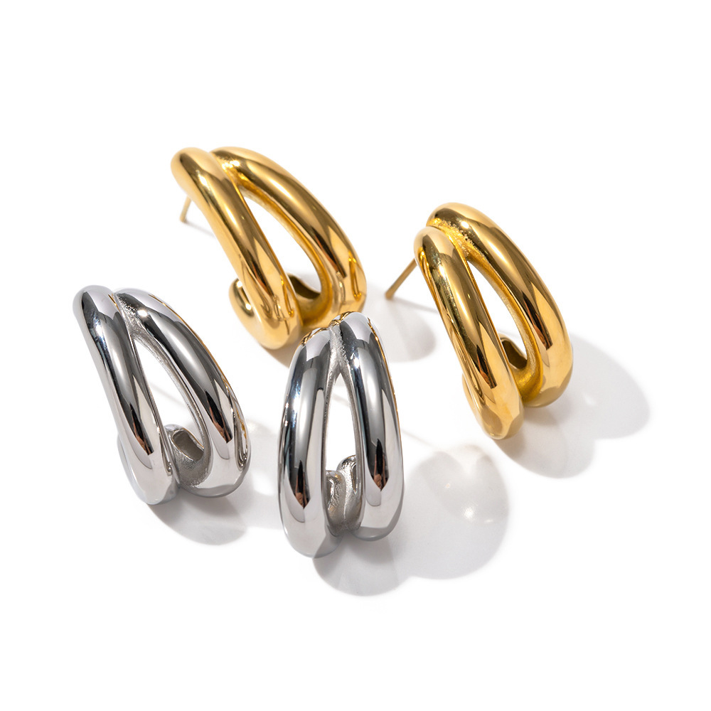New Arrival Trendy 18K Gold Plated Stainless Steel Chic Double Rows Hoop Earrings for Women