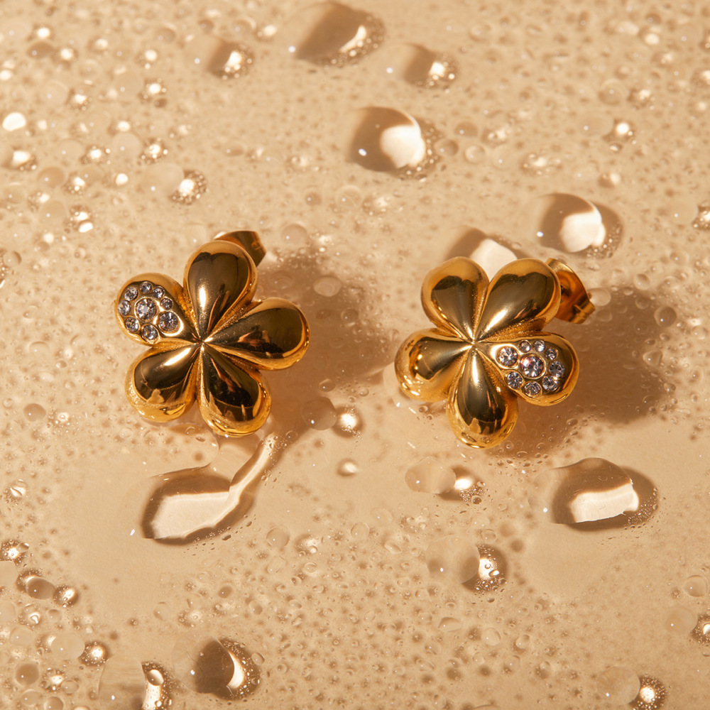 New Trendy Water Resistant Boho Cubic Zirconia Earrings Stainless Steel Gold Plated Three-Dimensional Flower Earring for Women