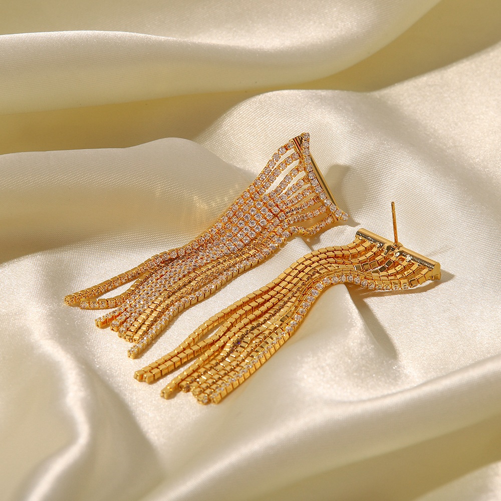 Fashion Jewelry Wholesale French Exclusive Stainless Steel 18K Gold Plated Zircon Dainty Long Tassel Earrings for Women