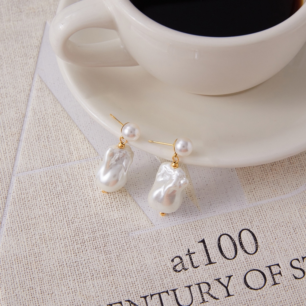 Fashion Jewelry Wholesale 18K Gold Plated Elegant Imitation Baroque Pearl Drop Earrings Stainless Steel Jewelry for Women
