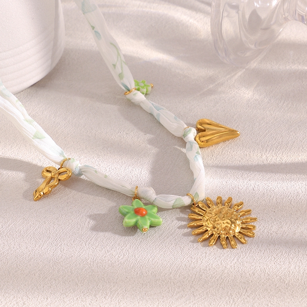 New Bohemia Vacation Style Stainless Steel Tarnish Free Bow Heart Flower Sun Charms Pendants Elegant Ribbon Necklace for Women