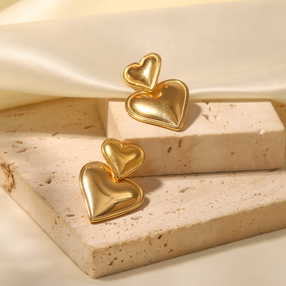 New Arrival Trendy Jewelry Minimalist Style Stainless Steel 18K Gold Plated Double Hearts Earrings for Women