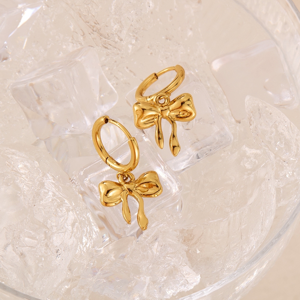 Fashion Stainless Steel Hoop Earring 18k Gold Plated Tarnish Free Sweet Bow Pendant Drop Earrings for Women Gift
