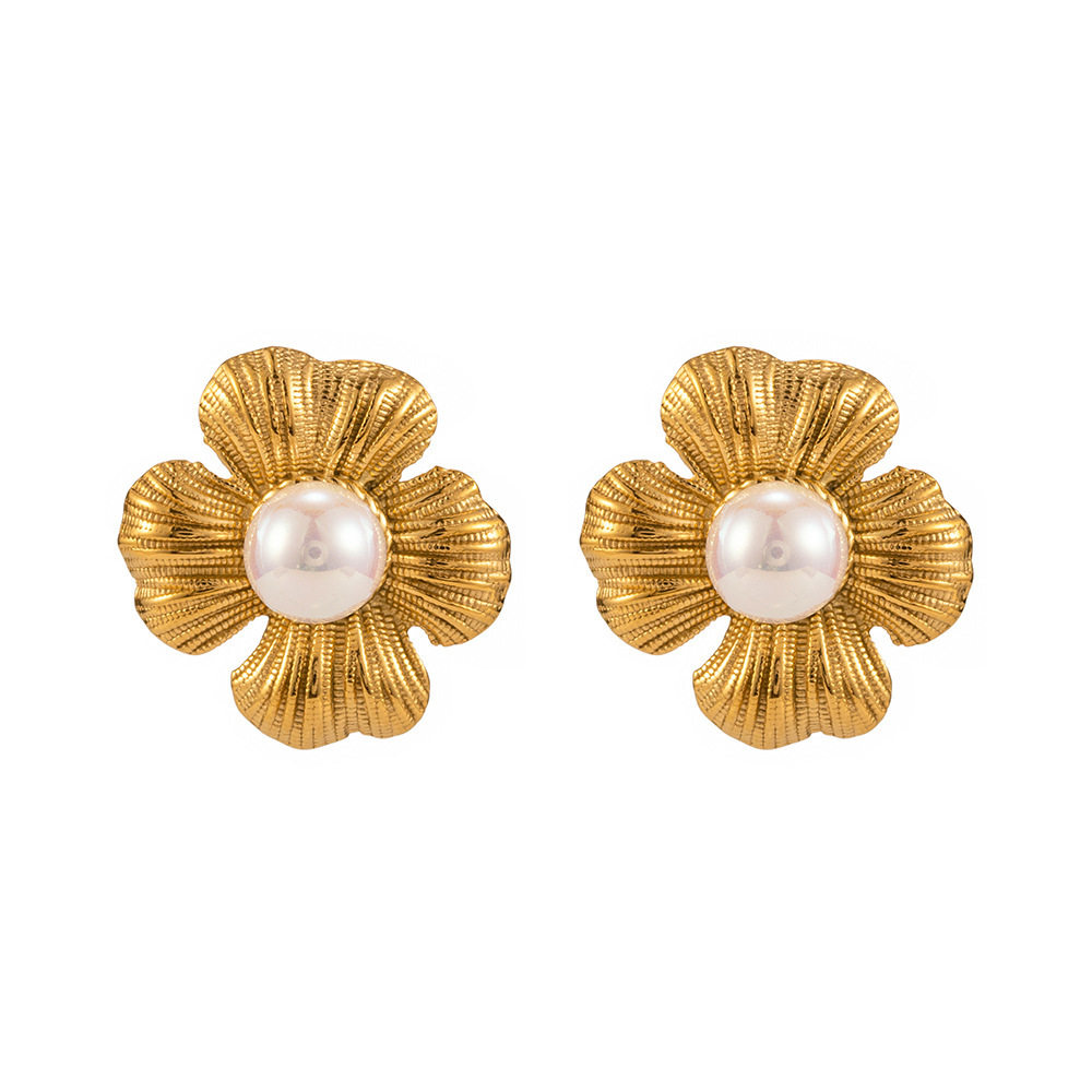 New Arrival Trendy Stainless Steel with 18K Gold Plated Waterproof & Tarnish Free Flower Pearl Stud Earrings for Women