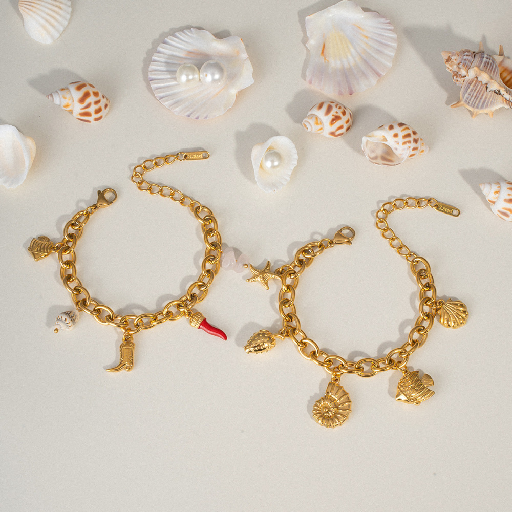 Hot Ocean Beach Vacation Style Gold Plated Waterproof Stainless Steel Shell Fish Conch Starfish Pendant Charms Bracelets Women