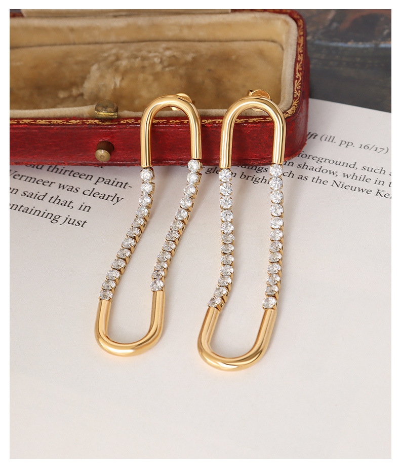 Fashion Jewelry Simple Water Resistant Stainless Steel 18K Gold Plated U-shaped Zircon Earrings for Women