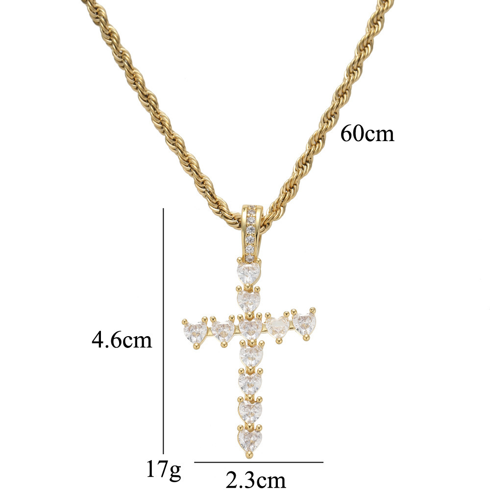 IVIAPRO Jewelry Religious Stainless Steel Rope Chain Shining Heart CZ Cross Pendant Necklace Hiphop Jewelry for Women and Men