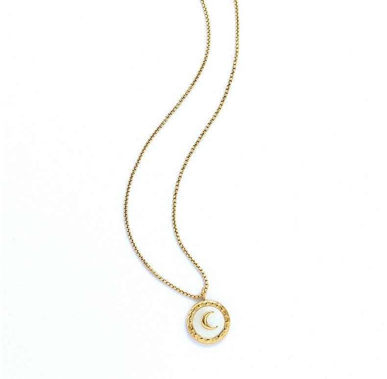 Fashion Jewelry 18K Gold Plated Water Resistant Stainless Steel Round Shell Gold Moon Pendant Necklace for Women