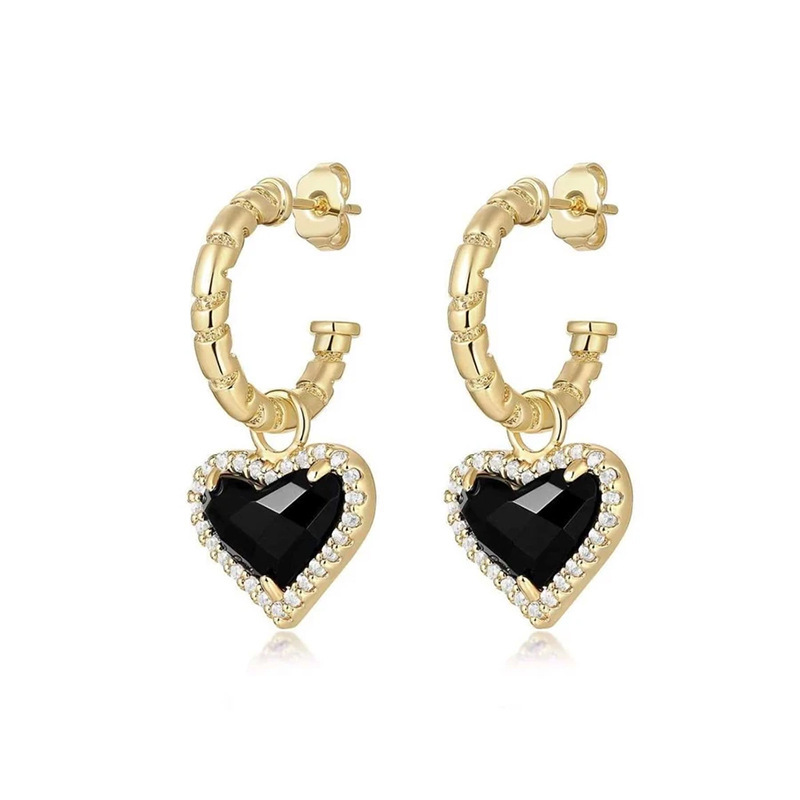 IVIAPRO New Arrival Fashion Jewelry 18K Gold Plated Black Agate Heart Pendant Hoop Earrings for Women
