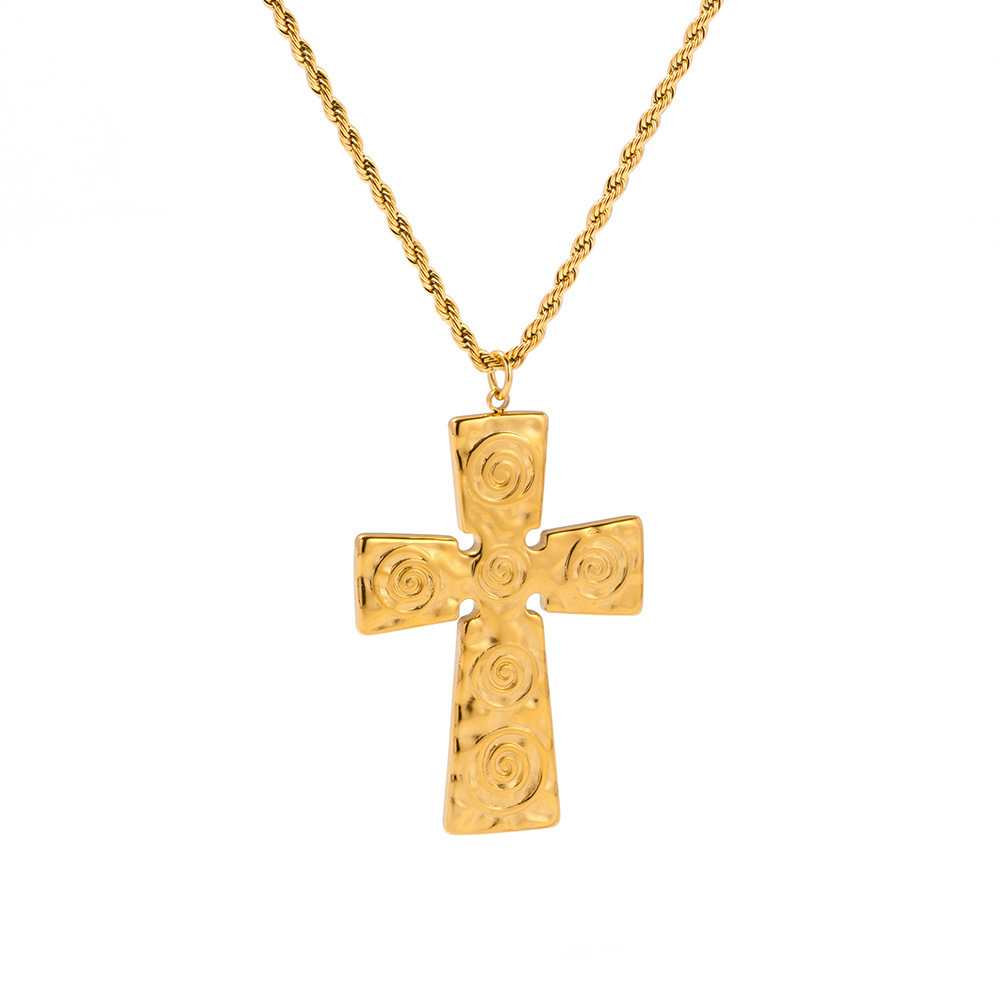 Fashion Jewelry Stainless Steel 18K PVD Gold Plated Texture Lava Crossed Necklace Chunky Cross Pendant Necklace for Women