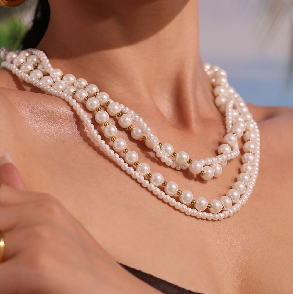 New Fashion Jewelry 18k Gold Plated Shell Pearl Necklace Stainless Steel Heart Clasp Double Layers Beaded Necklaces for Women