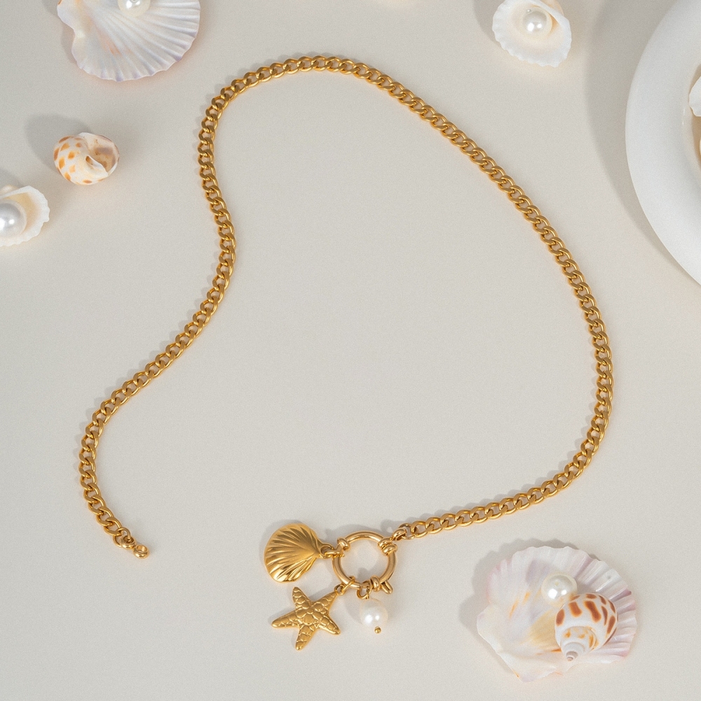 Hot Ocean Beach Vacation Style Gold Plated Waterproof Stainless Steel Shell Fish Conch Starfish Pendant Charms Necklace Women