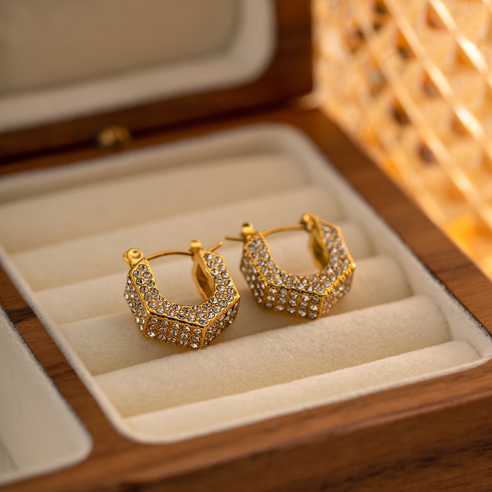 Trendy Personalized Tarnish Free & Waterproof Stainless Steel Gold Plated Cubic Zirconia U-shaped Hoop Earrings