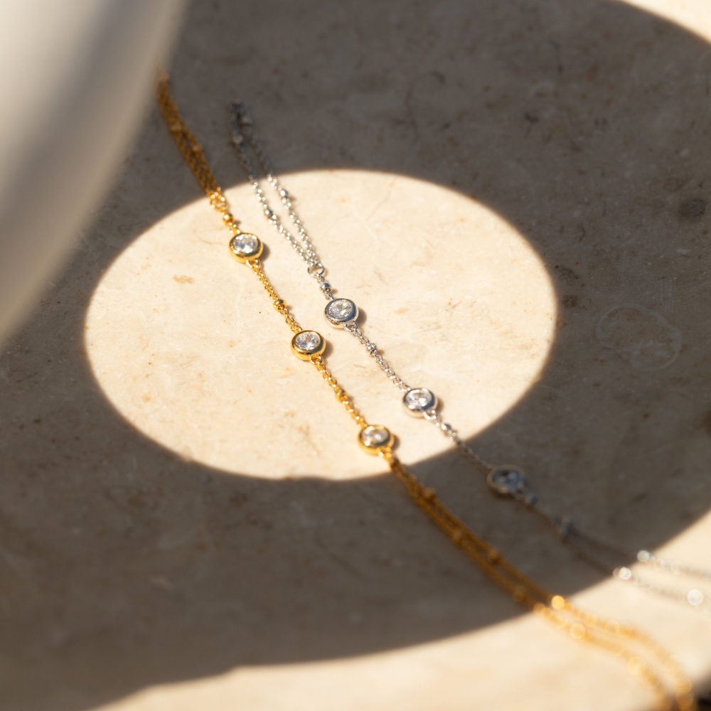 New Arrival Fashion Jewelry Wholesale 18K Gold Plated Waterproof Stainless Steel Zircon Finger Ring Chain Bracelets for Women