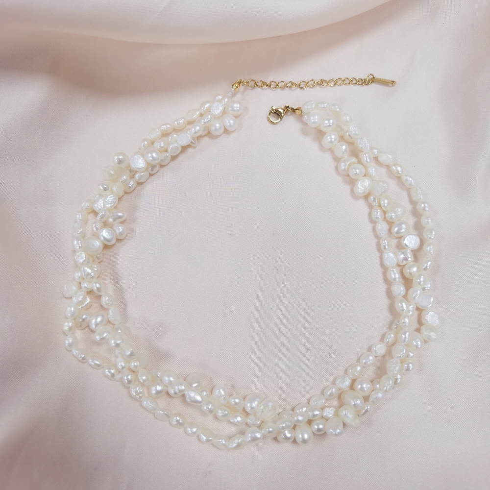 Fashion Vintage Twisted Three Layers Irregular Baroque Natural Freshwater Pearl Beaded Choker Necklace Customized Jewelry