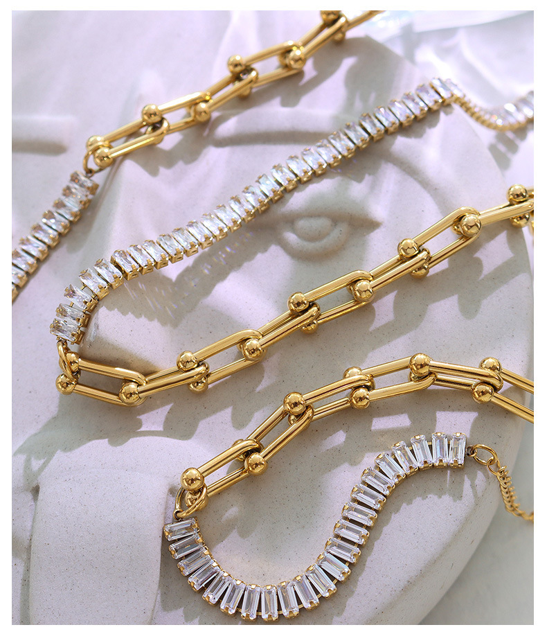 IVIAPRO Jewelry 18K Gold Plated Link Chain Crystal Pave Stainless Steel Choker Toggle Necklace for Women
