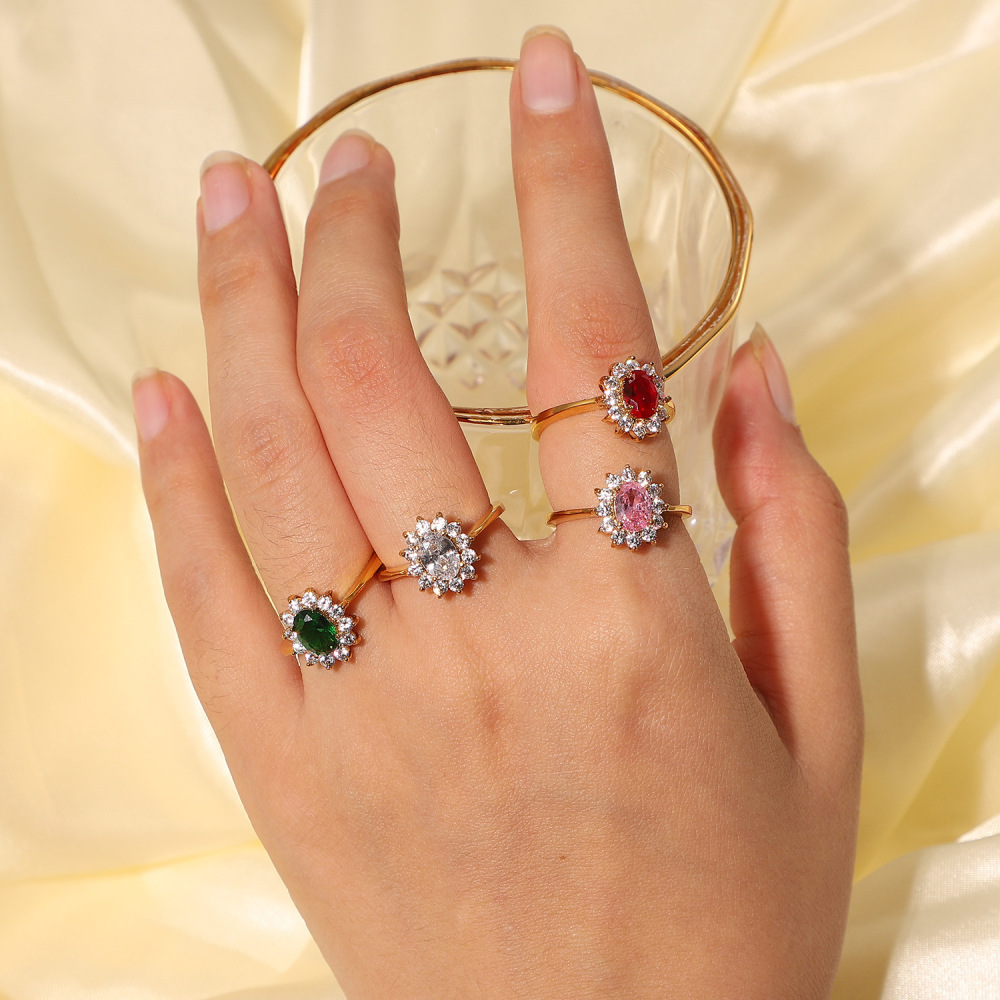 New Arrival Trendy Jewelry 18K Gold Plated Stainless Steel Shiny Gemstone Ring for Women