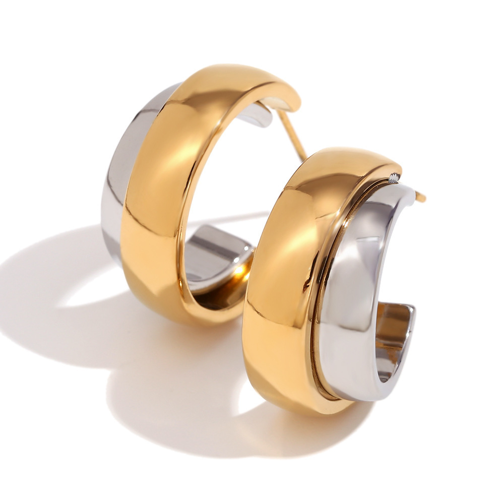 Fashion Jewelry Personalized Waterproof Stainless Steel Gold & Silver Two Tone Twisted Chunky Double Hoop Earrings