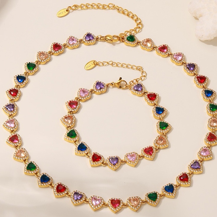 IVIAPRO Elegant Shining Heart CZ Colorful Cubic Zircon Tennis Chain Bracelets Necklaces Stainless Steel Tarnish Free Jewelry