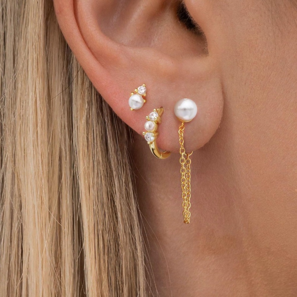 Fashion Jewelry Wholesale Simple Brass With 18K Gold Plated Cubic Zircon Stud Earrings Tiny Pearl Hoop Earrings Set for Women