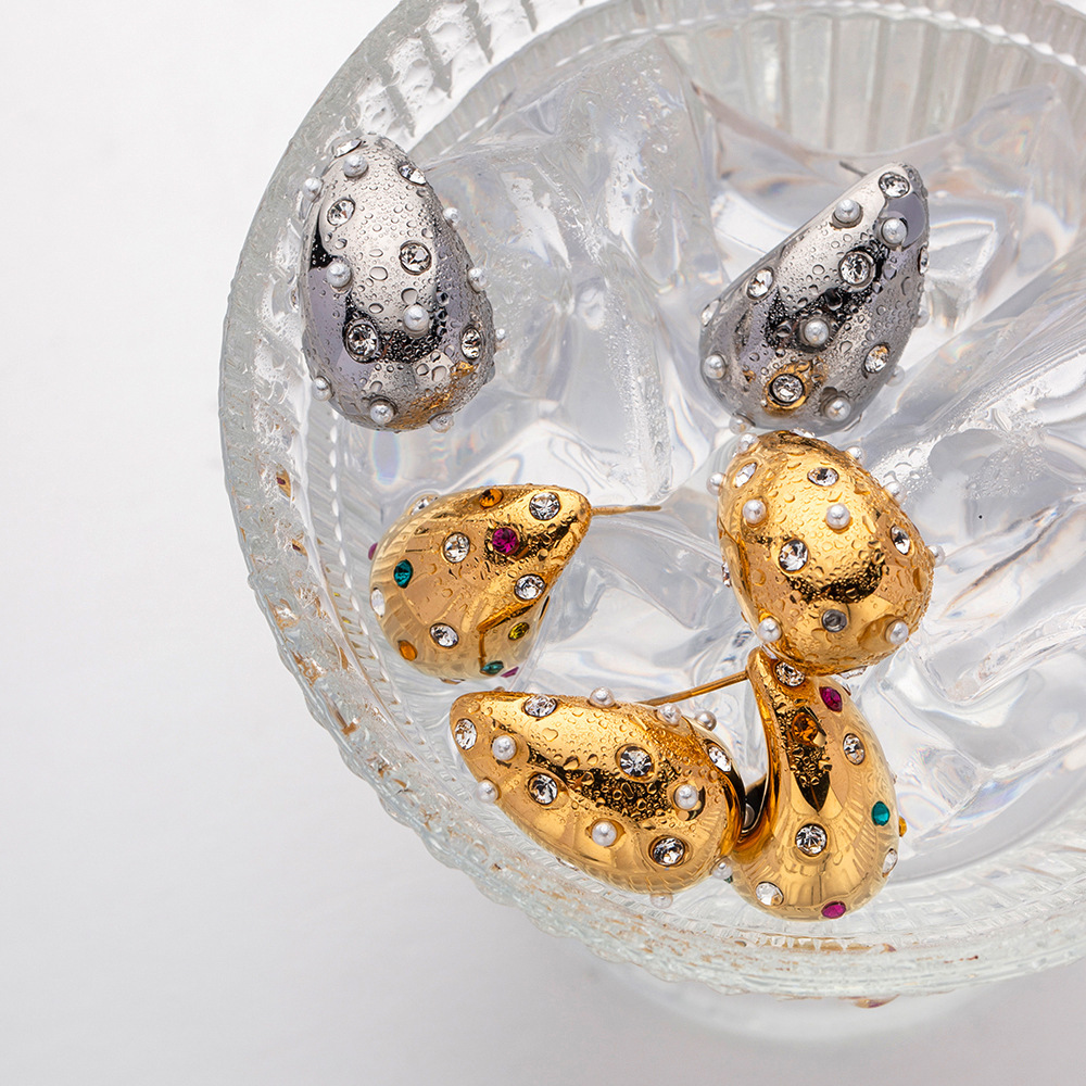 Fashion Chunky 18K Gold Plated Tear Drop Punk Earrings Stainless Steel Hollow Zirconia Pearl Waterdrop Stud Earrings for Women