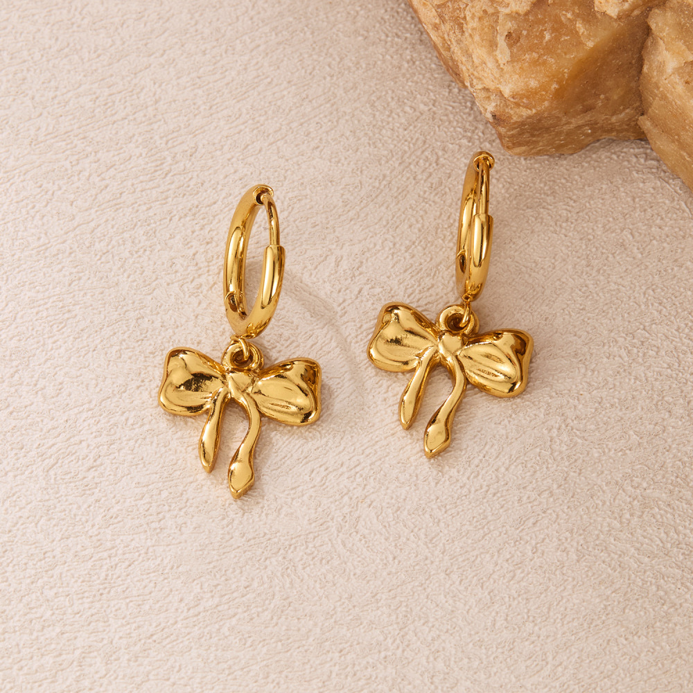Fashion Stainless Steel Hoop Earring 18k Gold Plated Tarnish Free Sweet Bow Pendant Drop Earrings for Women Gift