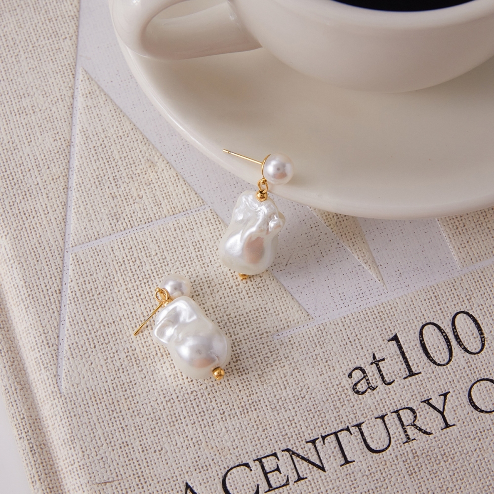 Fashion Jewelry Wholesale 18K Gold Plated Elegant Imitation Baroque Pearl Drop Earrings Stainless Steel Jewelry for Women