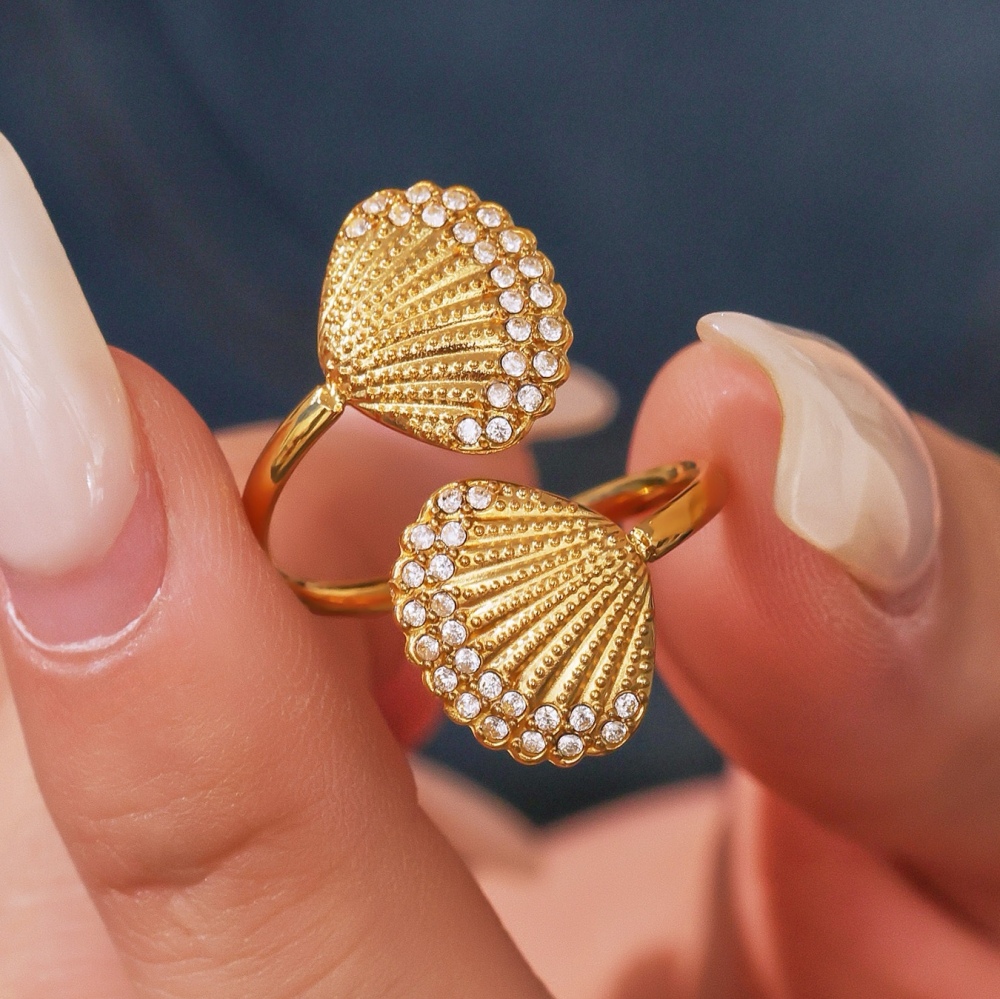 Hot Ocean Beach Vacation Style 18K Gold Plated Zirconia Starfish Shell Fish Tail Open Rings for Women Stainless Steel Jewelry