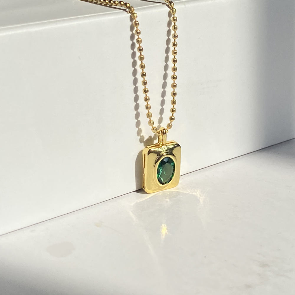Trendy 18K Gold Plated Stainless Steel Tiny Green Stone Square Pendant Necklace for Women
