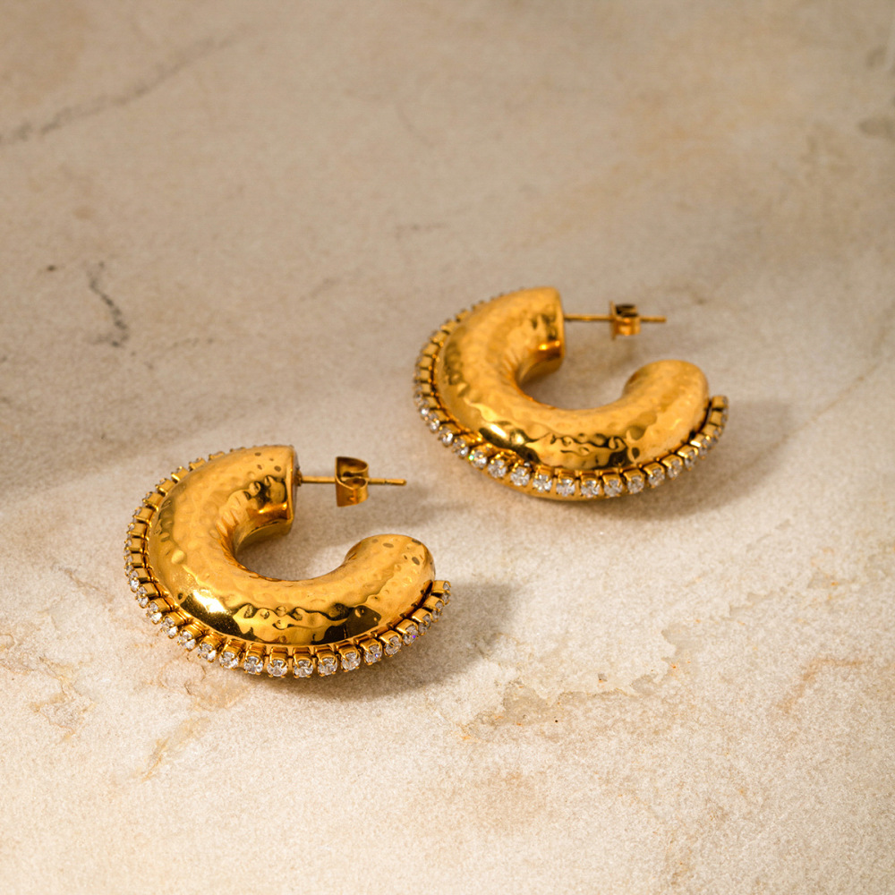 Fashion Jewelry 18K Gold Plated C Shaped Hoop Earrings Stainless Steel CZ Stud Earrings Wholesale