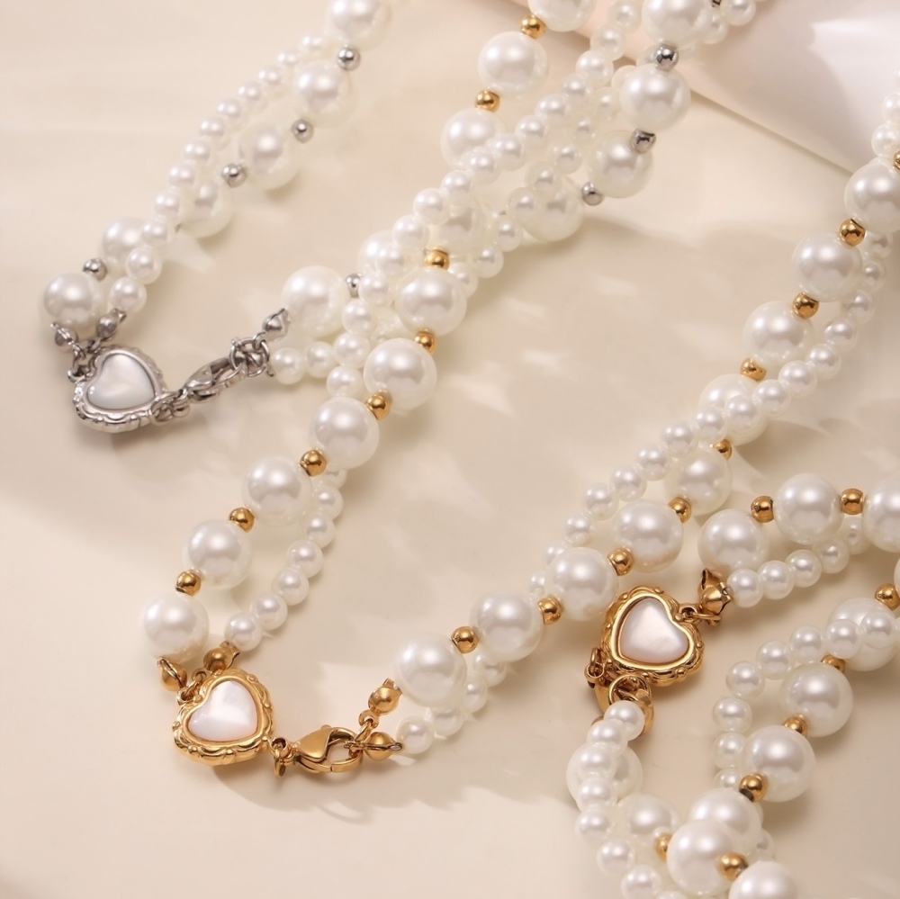 New Fashion Jewelry 18k Gold Plated Shell Pearl Necklace Stainless Steel Heart Clasp Double Layers Beaded Necklaces for Women