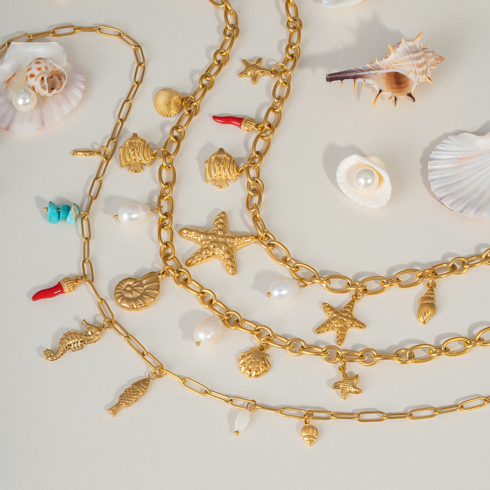 Hot Ocean Beach Vacation Style Gold Plated Waterproof Stainless Steel Shell Fish Conch Starfish Pendant Charms Necklace Women