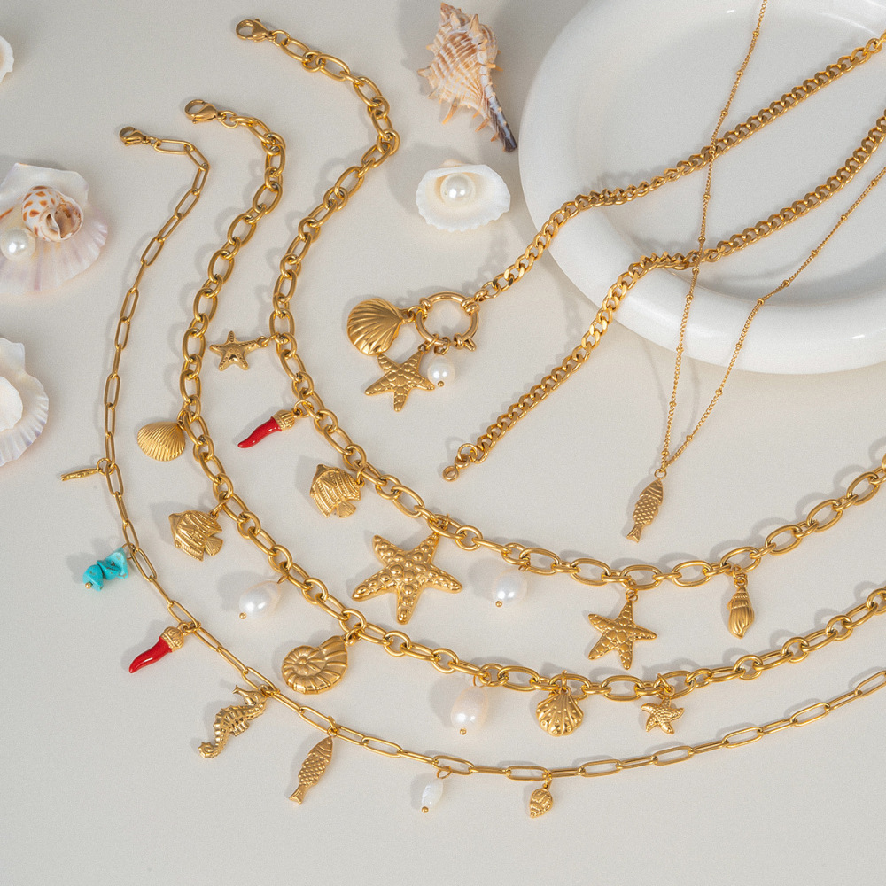 Hot Ocean Beach Vacation Style Gold Plated Waterproof Stainless Steel Shell Fish Conch Starfish Pendant Charms Necklace Women