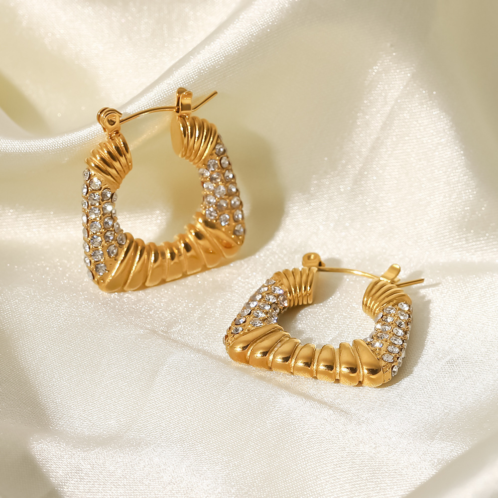 Fashion Jewelry Retro Stainless Steel 18K Gold Plated CZ Geometric Chunky Earrings for Women