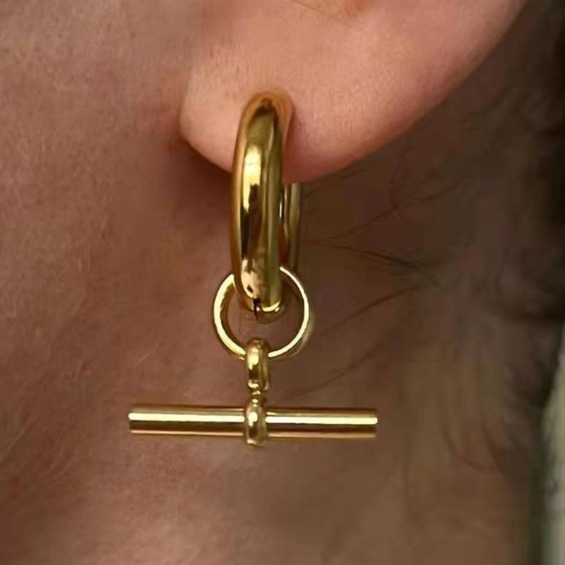 IVIAPRO Fashion Jewelry Stainless Steel 18K Gold Plated Tarnish Free Small Stick Pendant Hoop Buckle Earrings