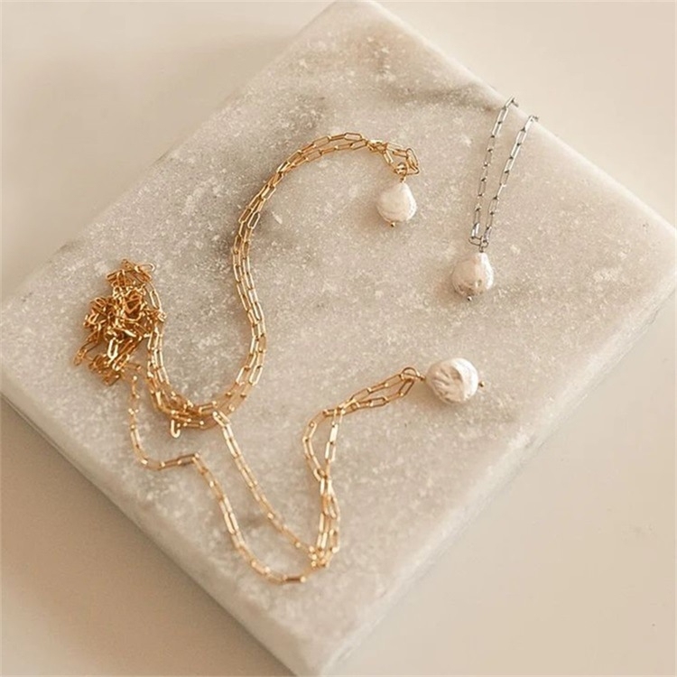 IVIAPRO Jewelry New Trendy 14K Gold Plated Pearl Necklace Stainless Steel Link Chain Freshwater Baroque Pearl Pendant Necklace