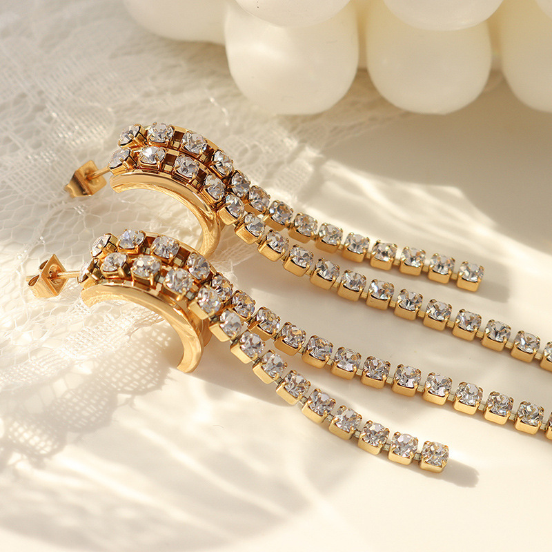 IVIAPRO Jewelry 18K Gold Plated Tarnish Free & Waterproof Long Luxury Clear Zircon Tassel Earrings Stainless Steel Jewelry